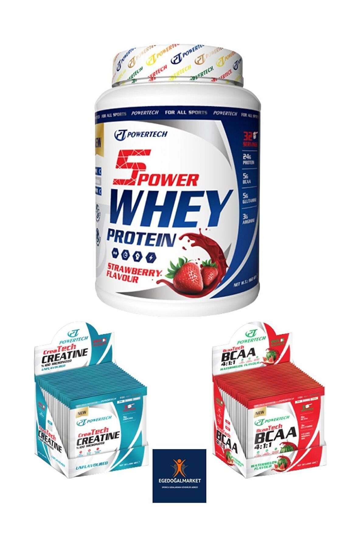 Whey Protein Tozu 32 Servis Çilek - BCAA 20 Saşe Karpuz - Kreatin 20 Saşe Aromasız
