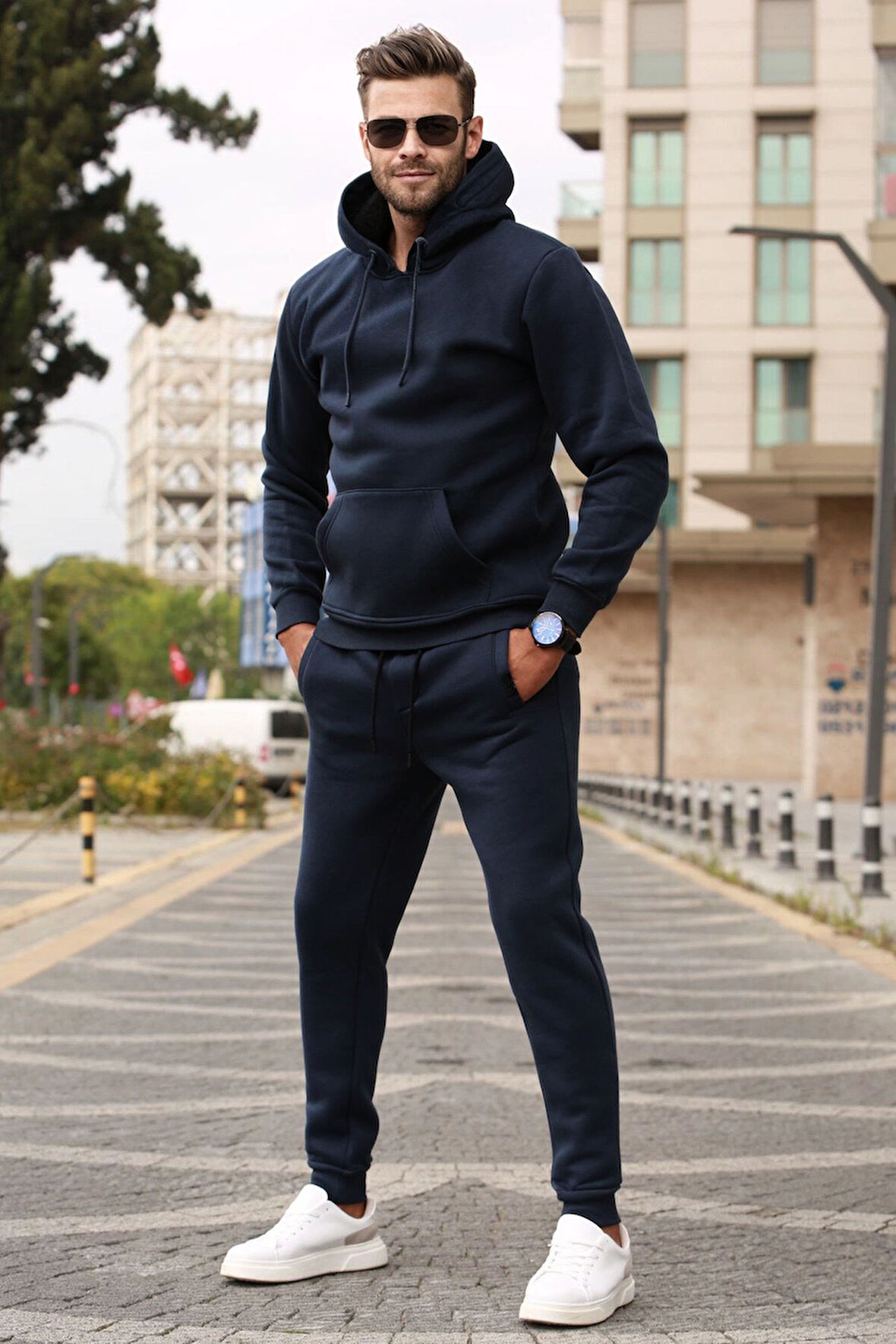 Erkek Kışlık Kapüşonlu Oversize Eşofman Takımı - 3 İplik