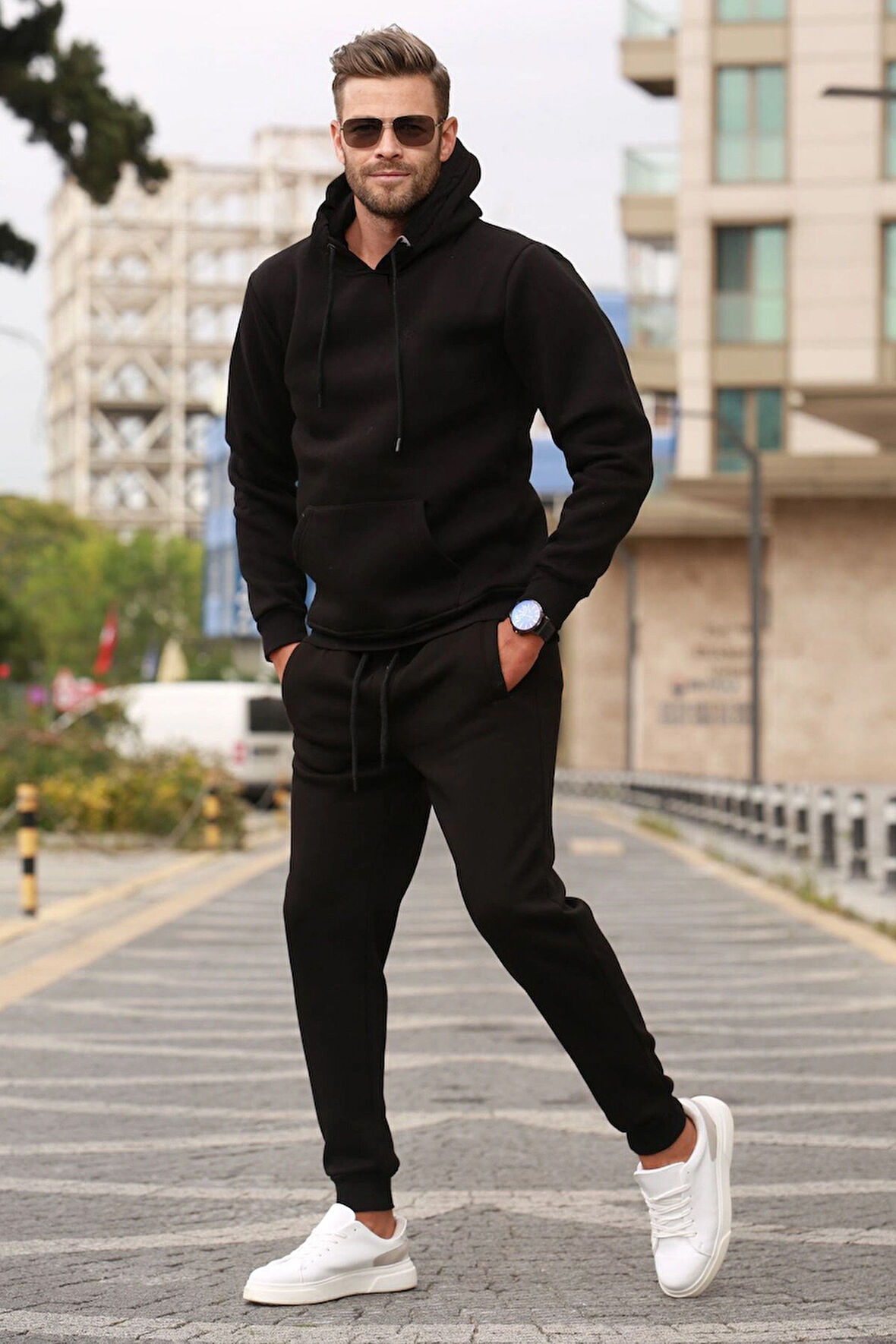 Erkek Kışlık Kapüşonlu Oversize Eşofman Takımı - 3 İplik