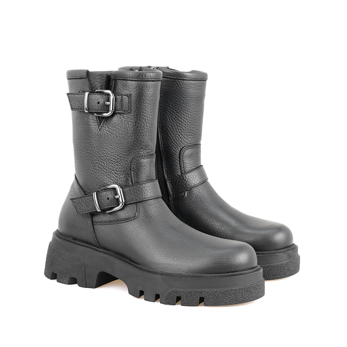 Kadın Siyah Fermuarlı Deri Bot