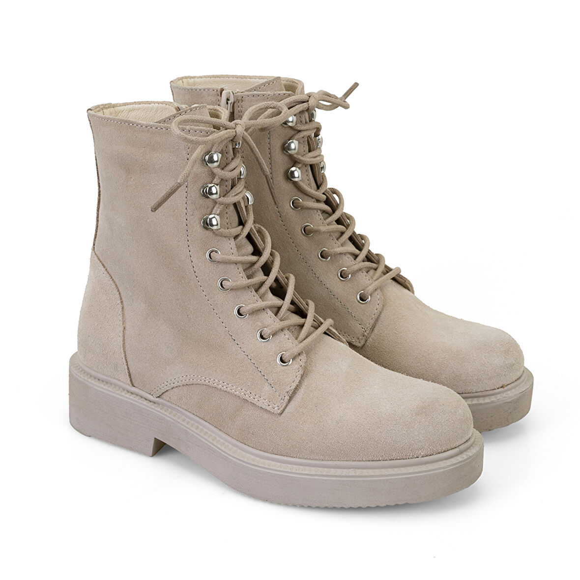 Kadın Bej Fermuarlı Süet Deri Bot