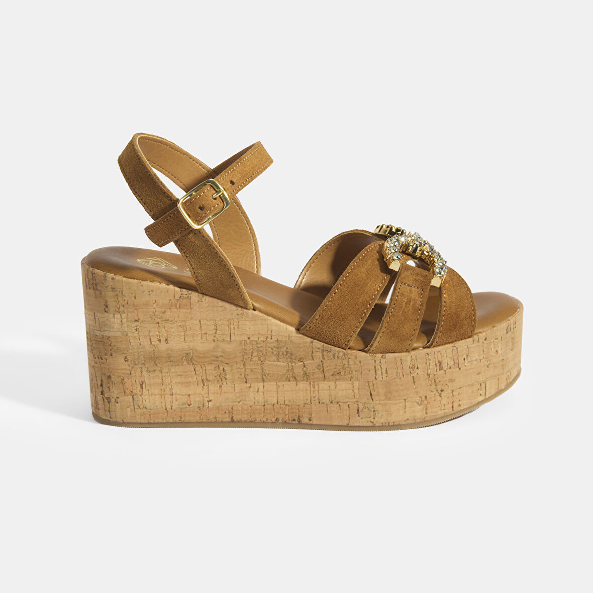 Kadın Taba Taşlı Toka Aksesuarlı Slingback Süet Dolgu Topuklu Sandalet