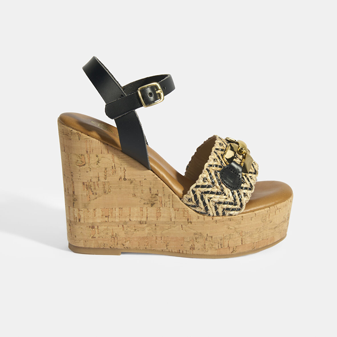 Kadın Siyah Toka Aksesuarlı Deri Detaylı Slingback Dolgu Topuklu Sandalet