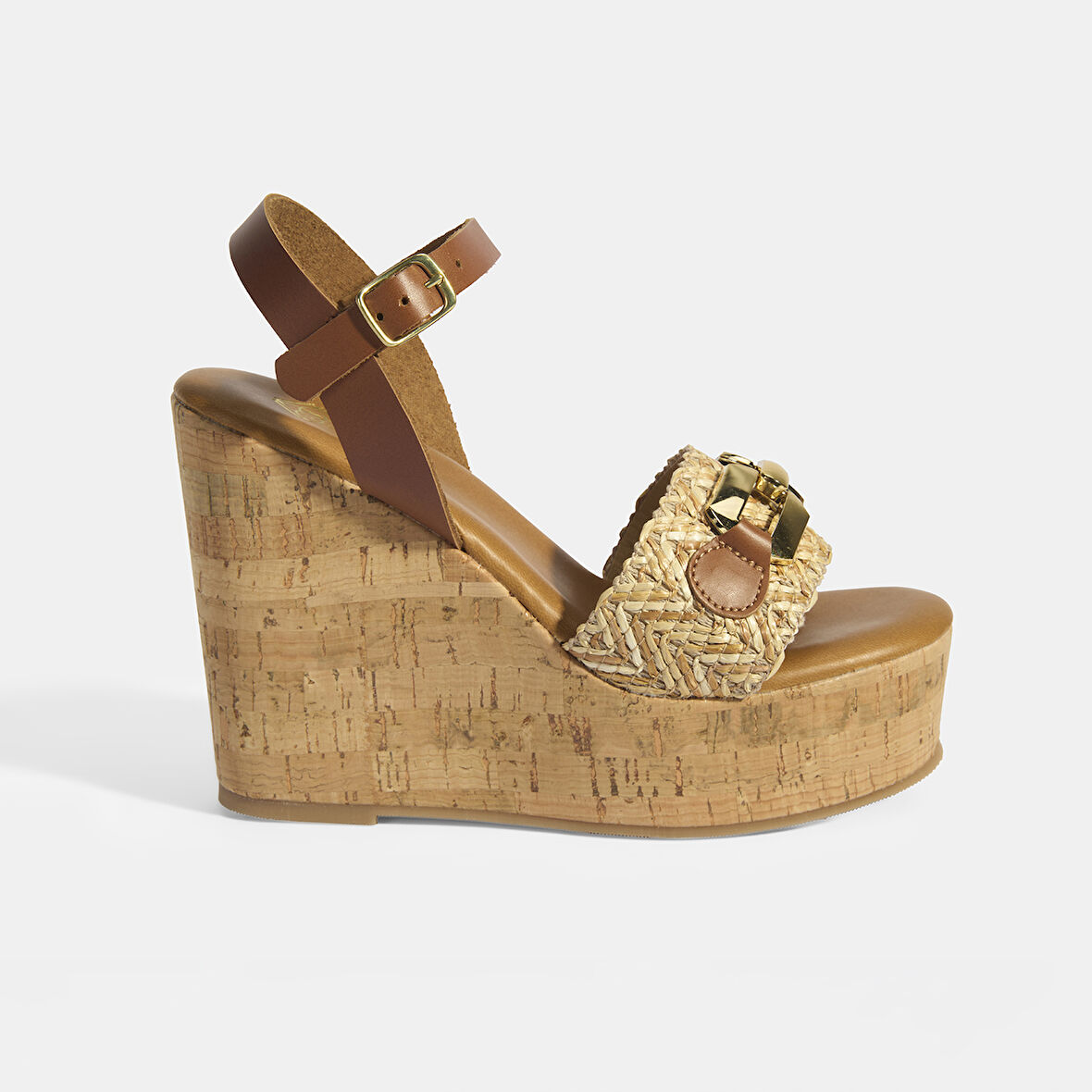 Kadın Kahve Toka Aksesuarlı Deri Detaylı Slingback Dolgu Topuklu Sandalet