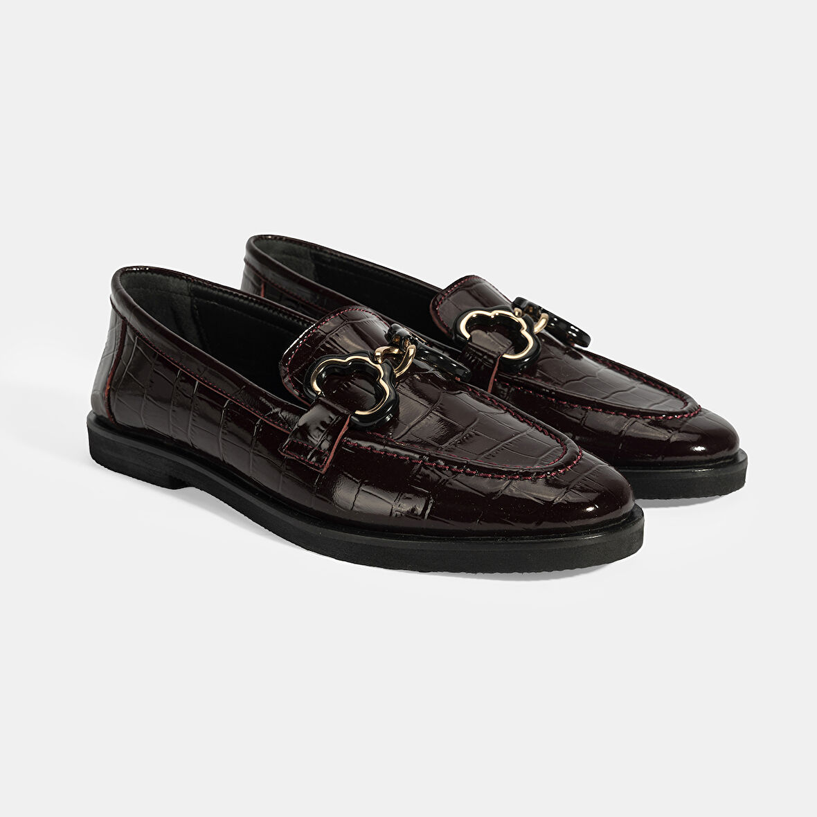 Kadın Bordo Kroko Baskılı Toka Detaylı Deri Loafer