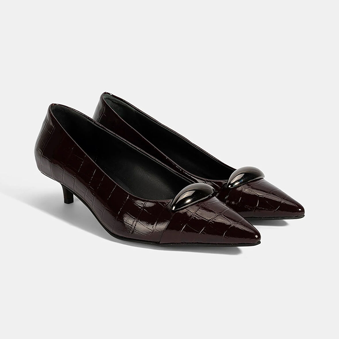 Kadın Bordo Kroko Baskılı Deri Topuklu Ayakkabı