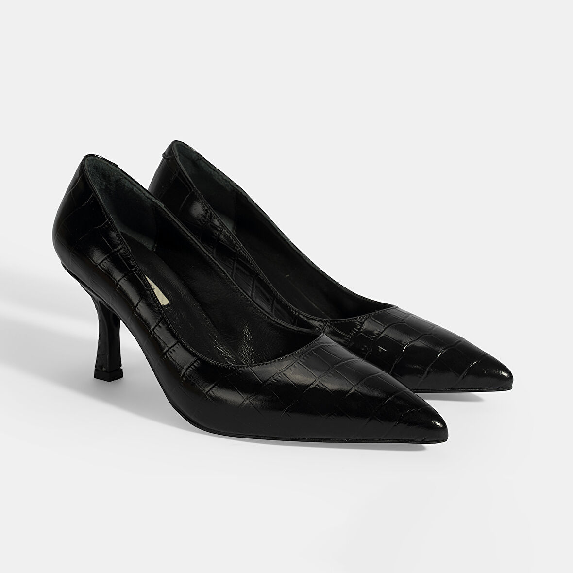 Kadın Siyah Kroko Baskılı Deri Stiletto