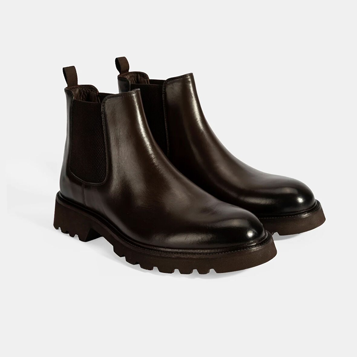 Erkek Kahve Lastik Detaylı Deri Bot