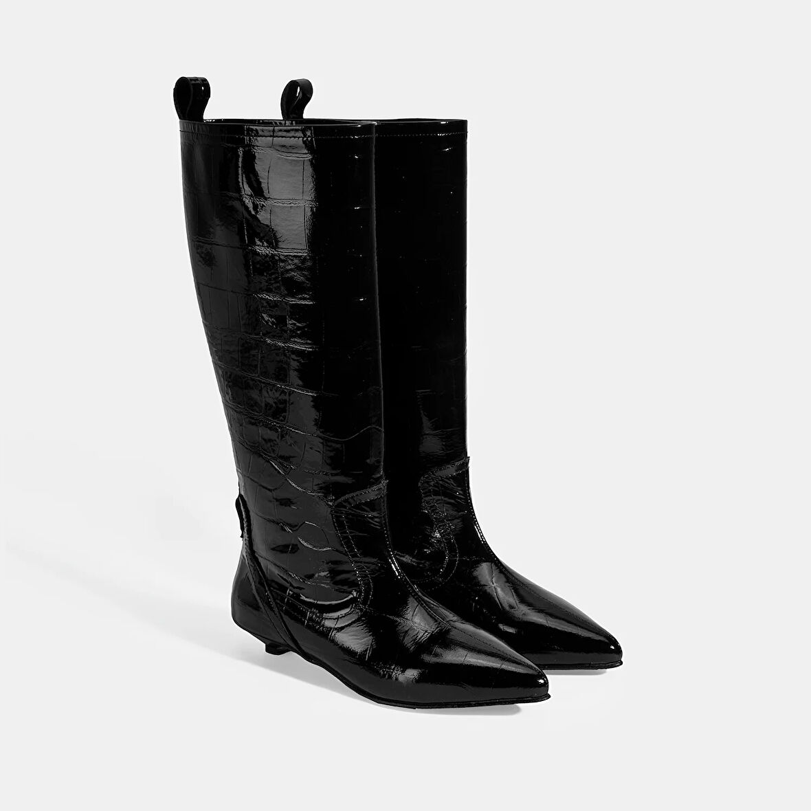 Kadın Siyah Kroko Baskılı İnce Topuklu Rugan Deri Çizme