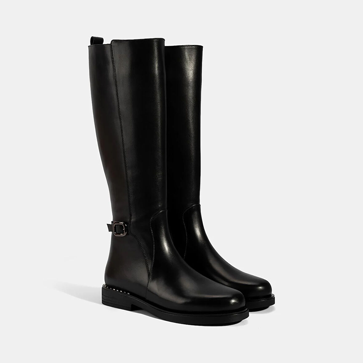 Kadın Siyah Metal Tokalı Kalın Topuklu Deri Çizme