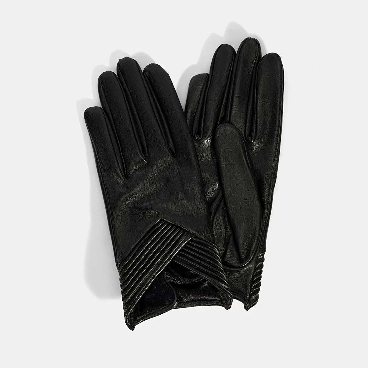 Kadın Siyah Lastik Detaylı Deri Eldiven