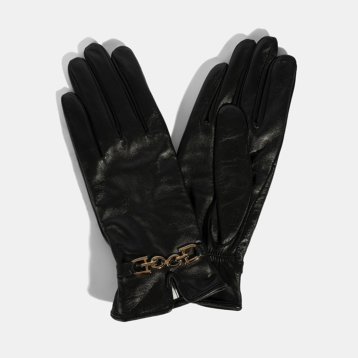 Kadın Siyah Zincir Aksesuarlı Deri Eldiven