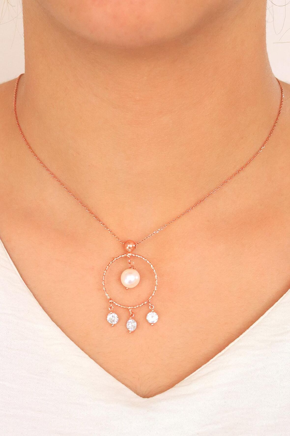 İnci Ve zirkon Taşlı Halka Model Kadın Kolye