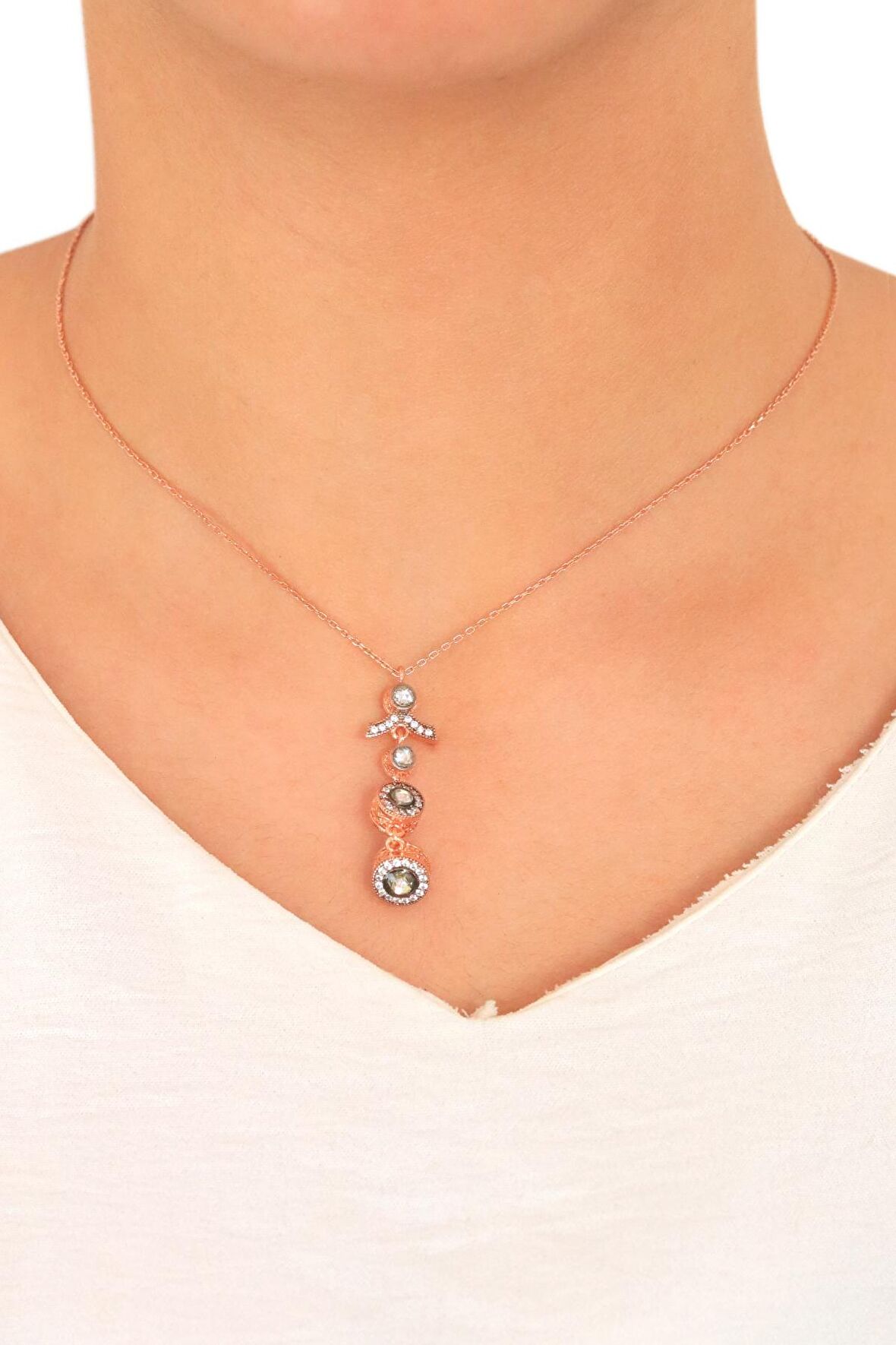 Zirkon Taşlı Yuvarlak Rose Gümüş Kadın Kolye