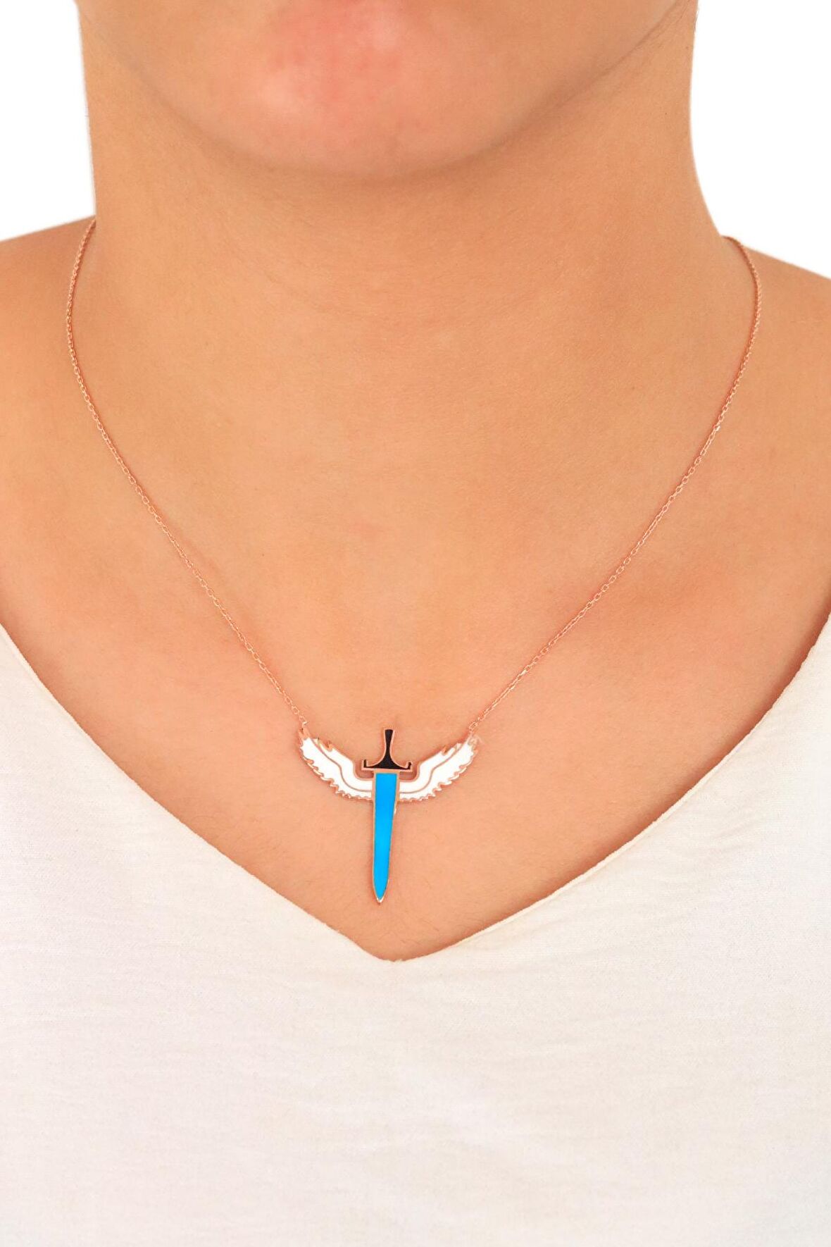 Mavi Mine Tasarımlı Gümüş Rose Kadın Melek Kolyesi