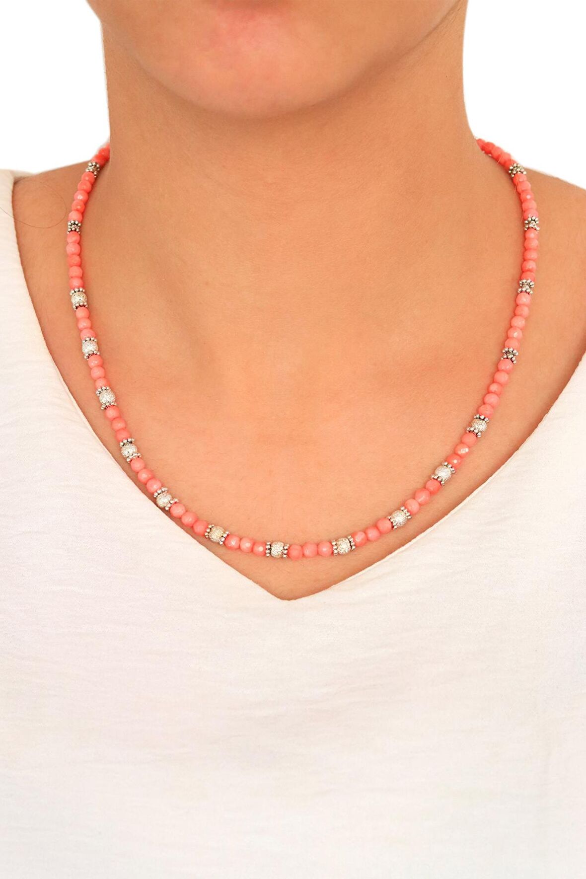 Doğal Taşlı Sade Model Gümüş Kadın Kolye