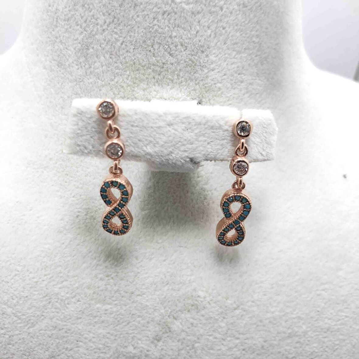 Sonsuzluk Model Firuze Taşlı Rose Kaplama Gümüş Kadın Küpe