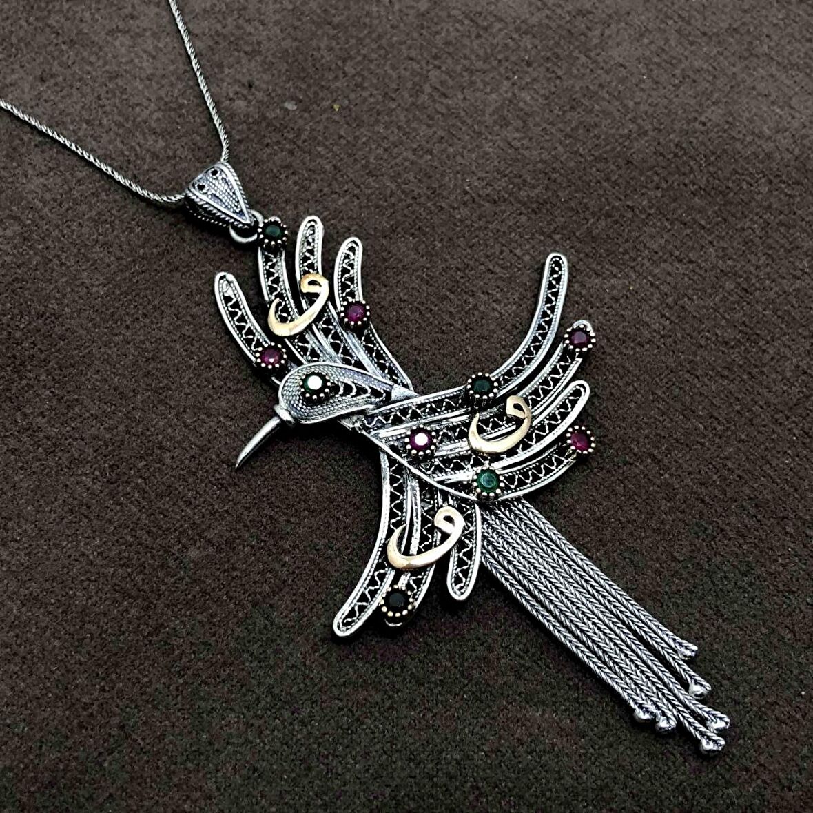 Vav Harfli Kuş Model Oksitli Telkari Kadın Gümüş Kolye