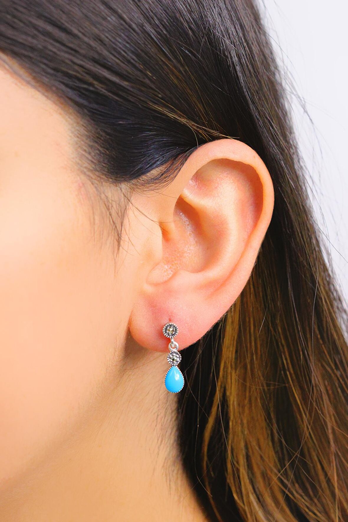 Firuze ve Markazit Taşlı 925 Ayar Gümüş Kadın Küpe