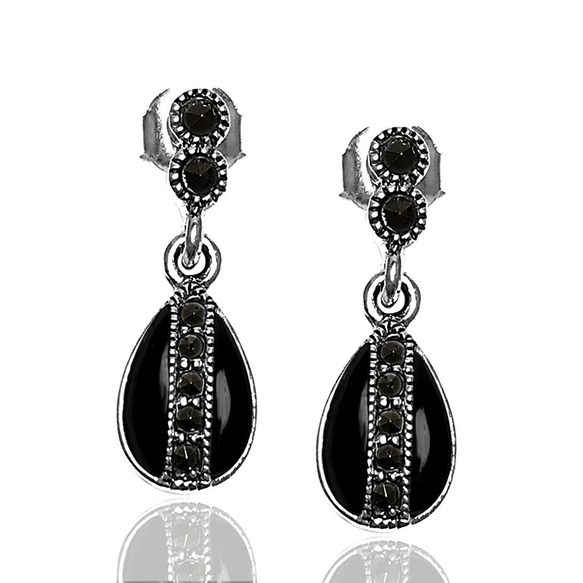 Oniks ve Markazit Taşlı 925 Ayar Gümüş Kadın Küpe