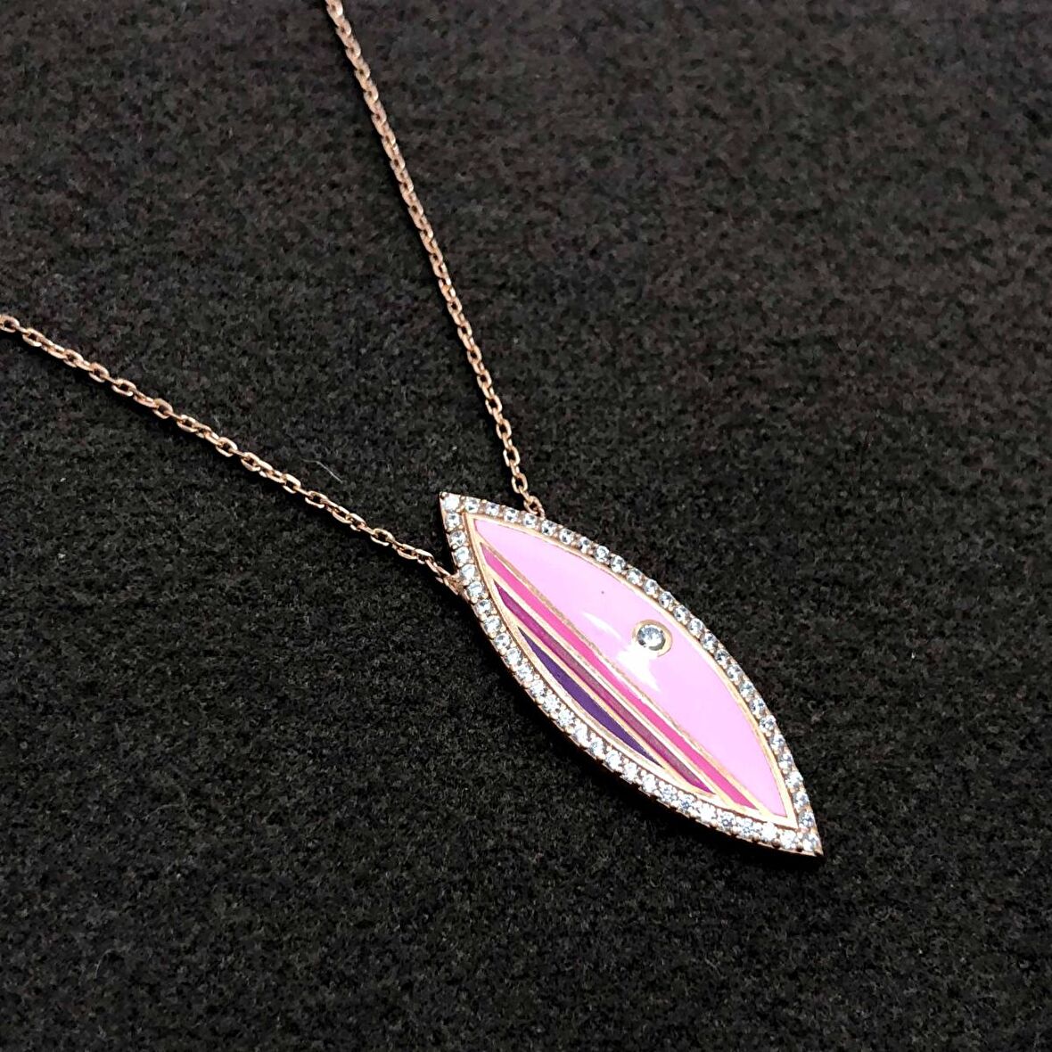 Pembe Mineli Mekik Model Rose Kaplama Gümüş Kadın Kolye