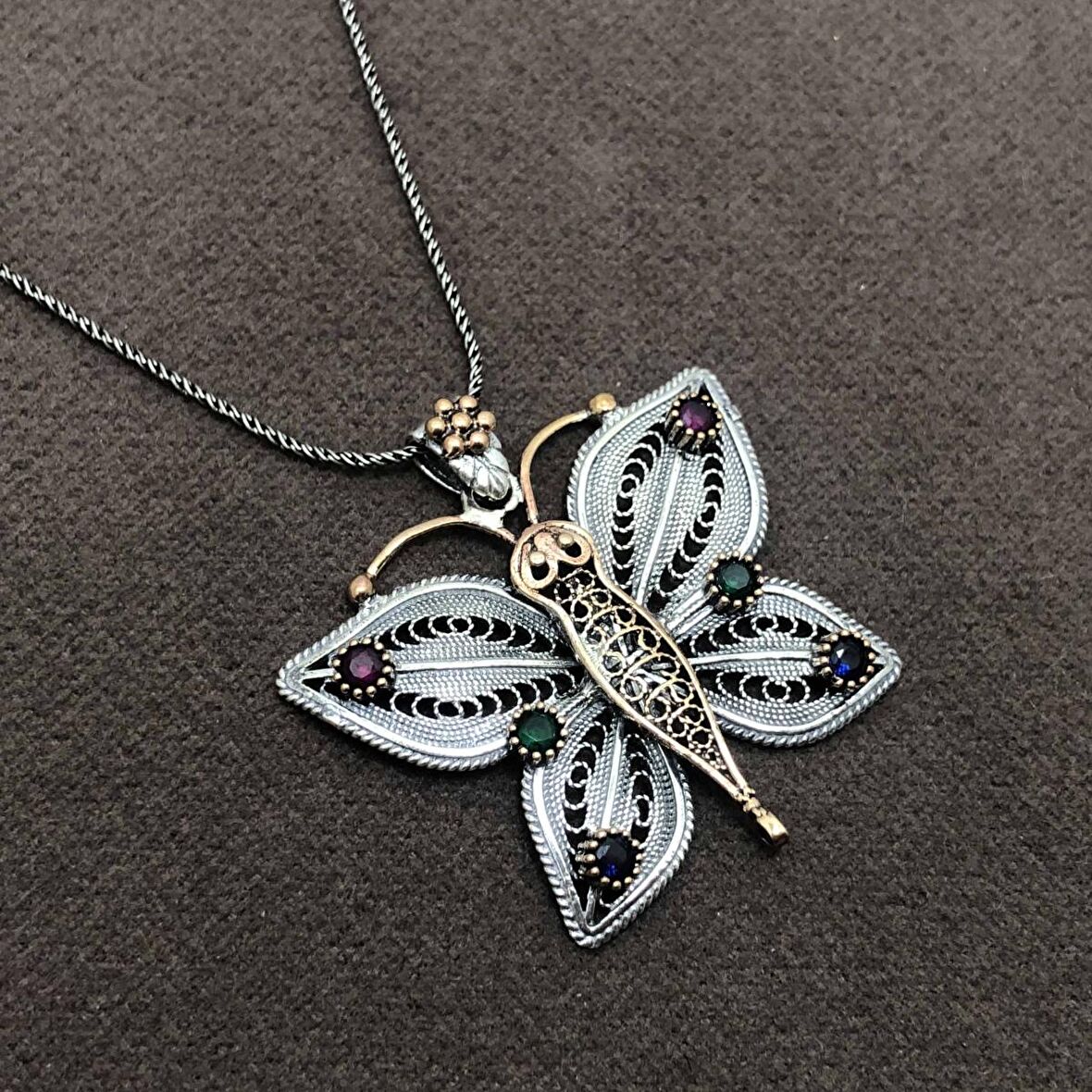 Kelebek Model Oksitli Telkari Gümüş Kadın Kolye