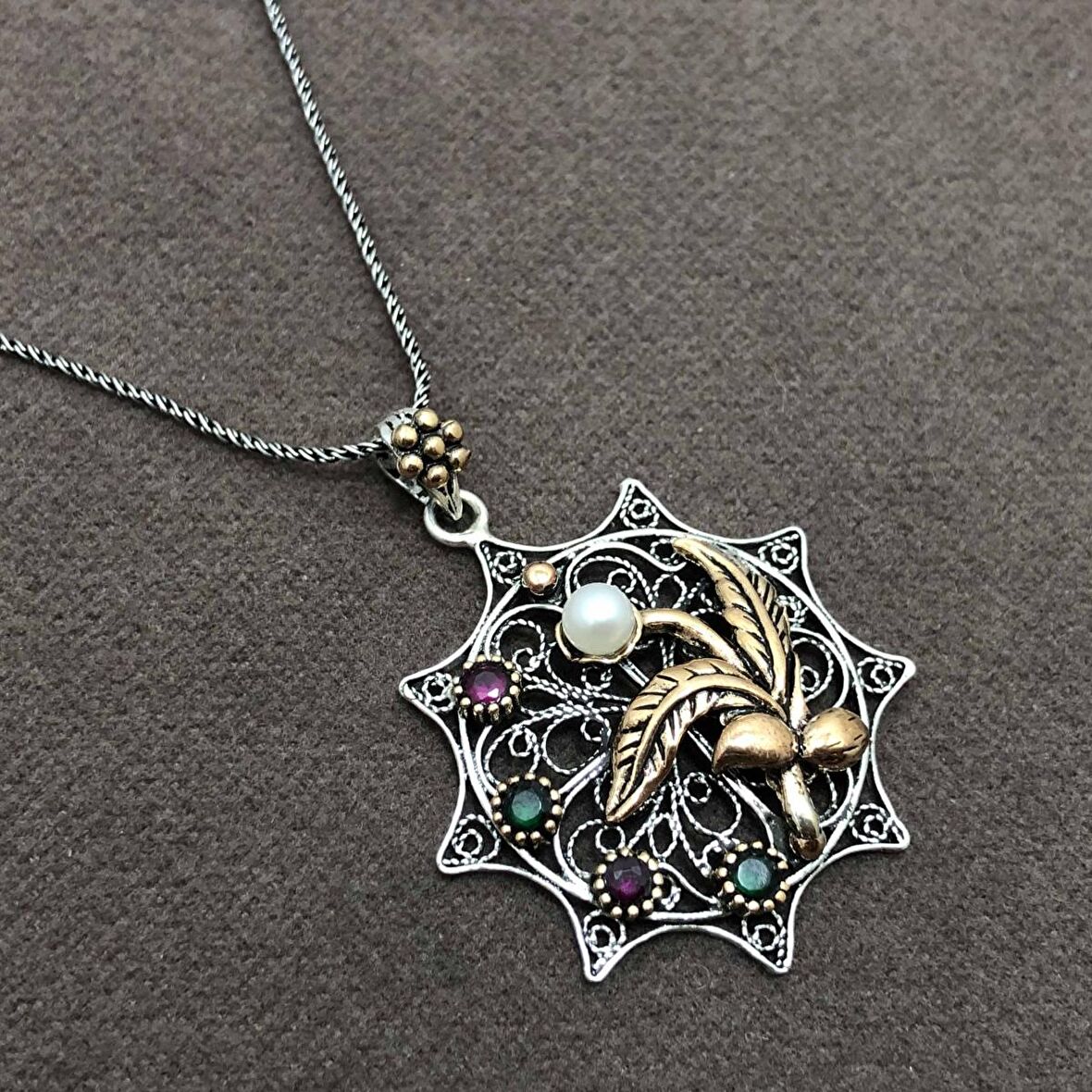 İnci Taşlı Oksitli Telkari Gümüş Kadın Kolye