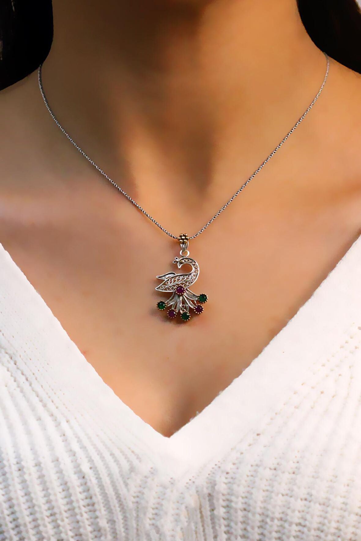 Tavus Kuşu Model Oksitli Telkari Gümüş Kadın Kolye