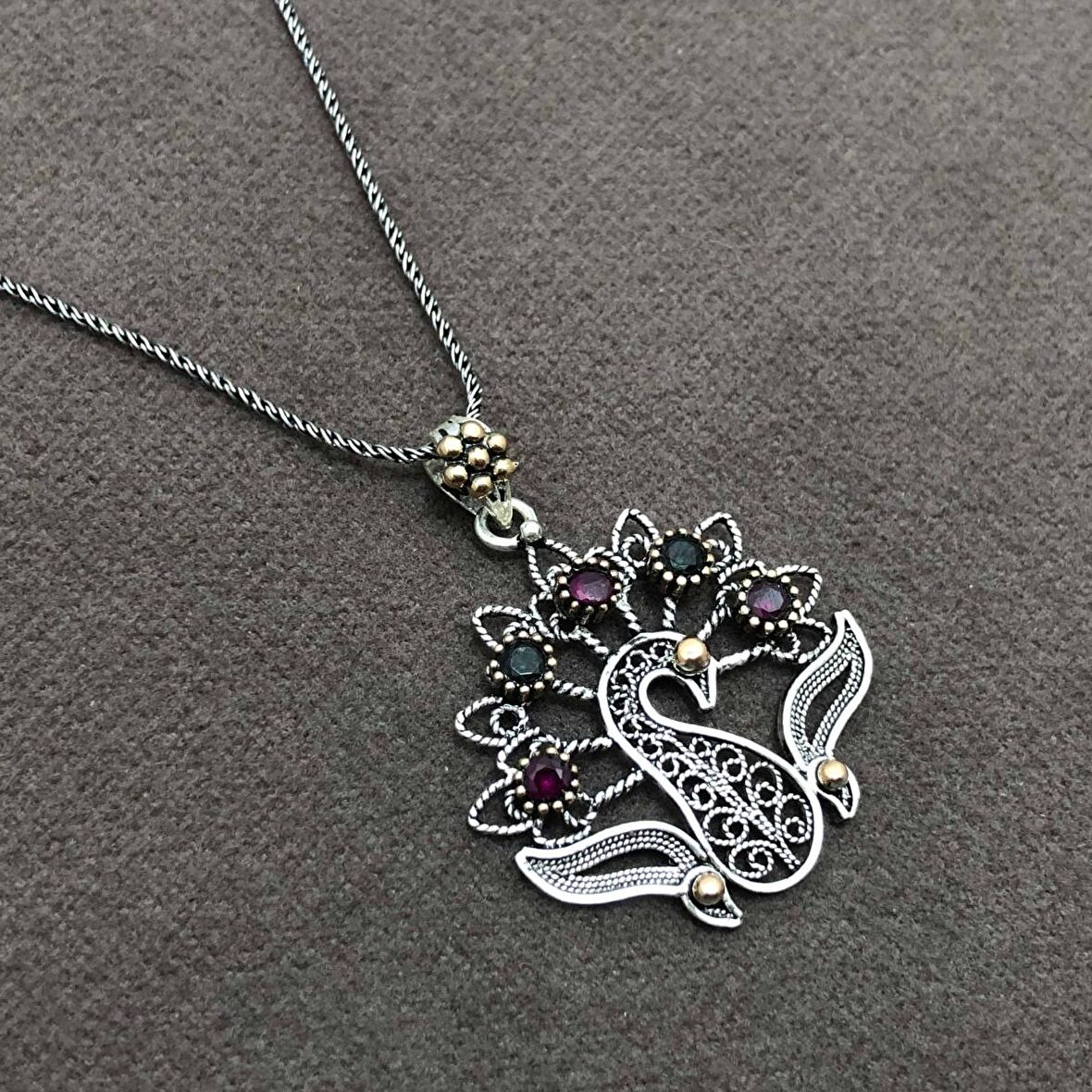 Tavus Kuşu Model Oksitli Telkari Gümüş Kadın Kolye