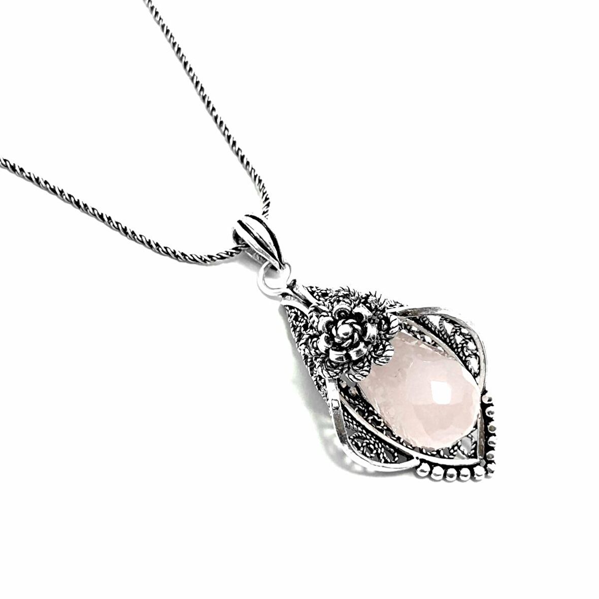 Pembe Kuvars Taşlı Oksitli Telkari Gümüş Kadın Kolye