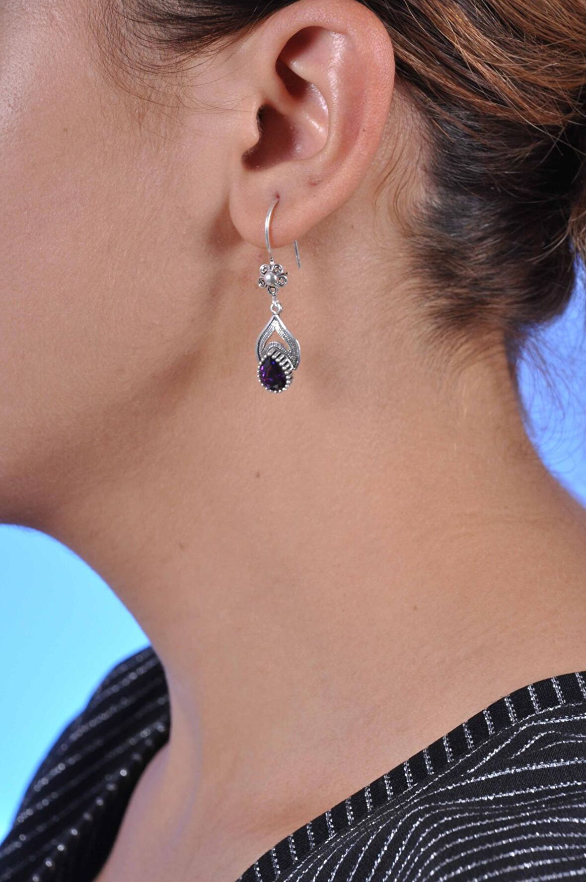 Ametist Taşlı Damla Model Elişçiliği Telkari Gümüş Kadın Küpe