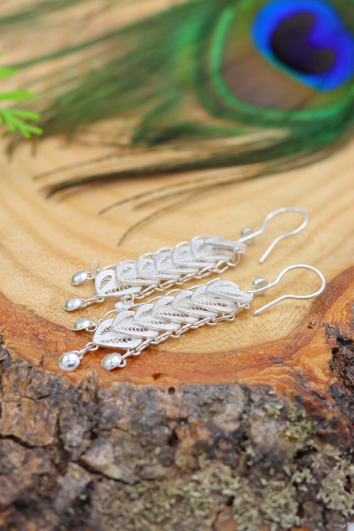 Sıralı Kalp Model Elişçiliği Telkari Gümüş Kadın Küpe