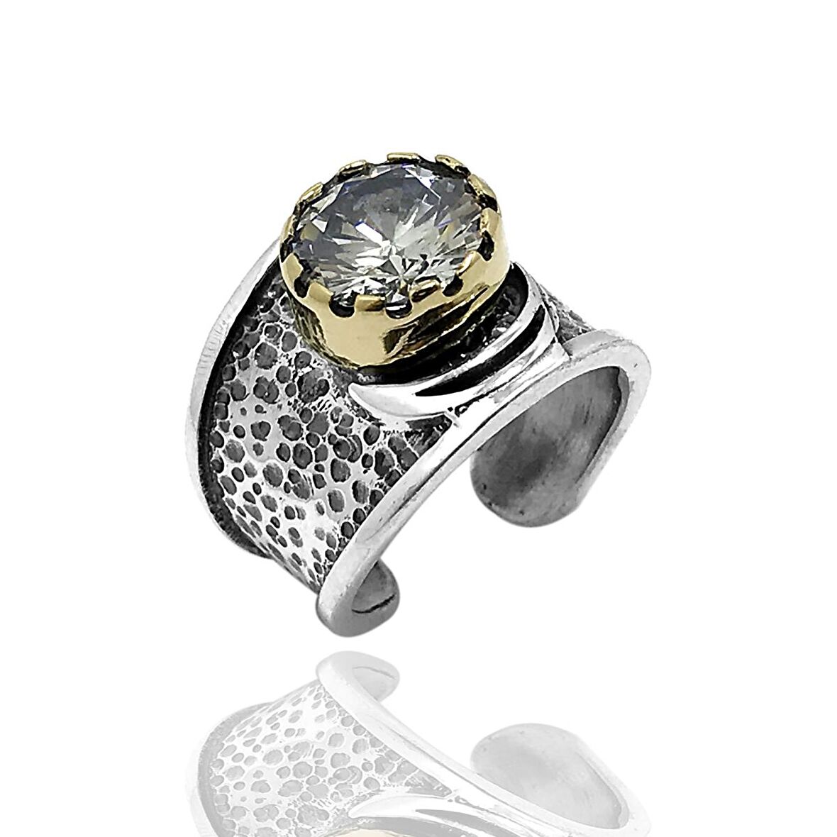 Zirkon Taşlı Çekic Dövme Model Elişçiliği Otantik Kadın Gümüş Yüzük