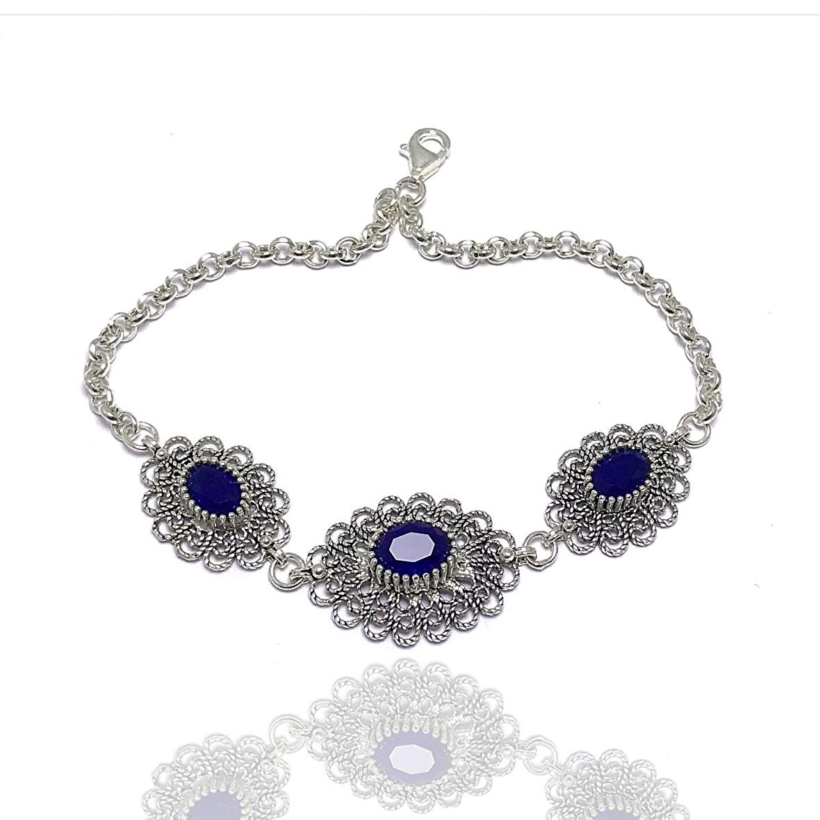 Safir Taşlı Elips Model Telkari Gümüş Bileklik