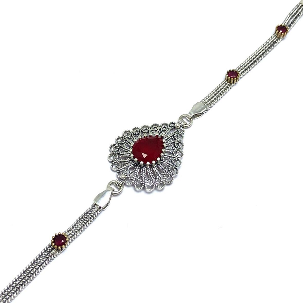 Yakut Taşlı Damla Model Telkari Kadın Gümüş Bileklik