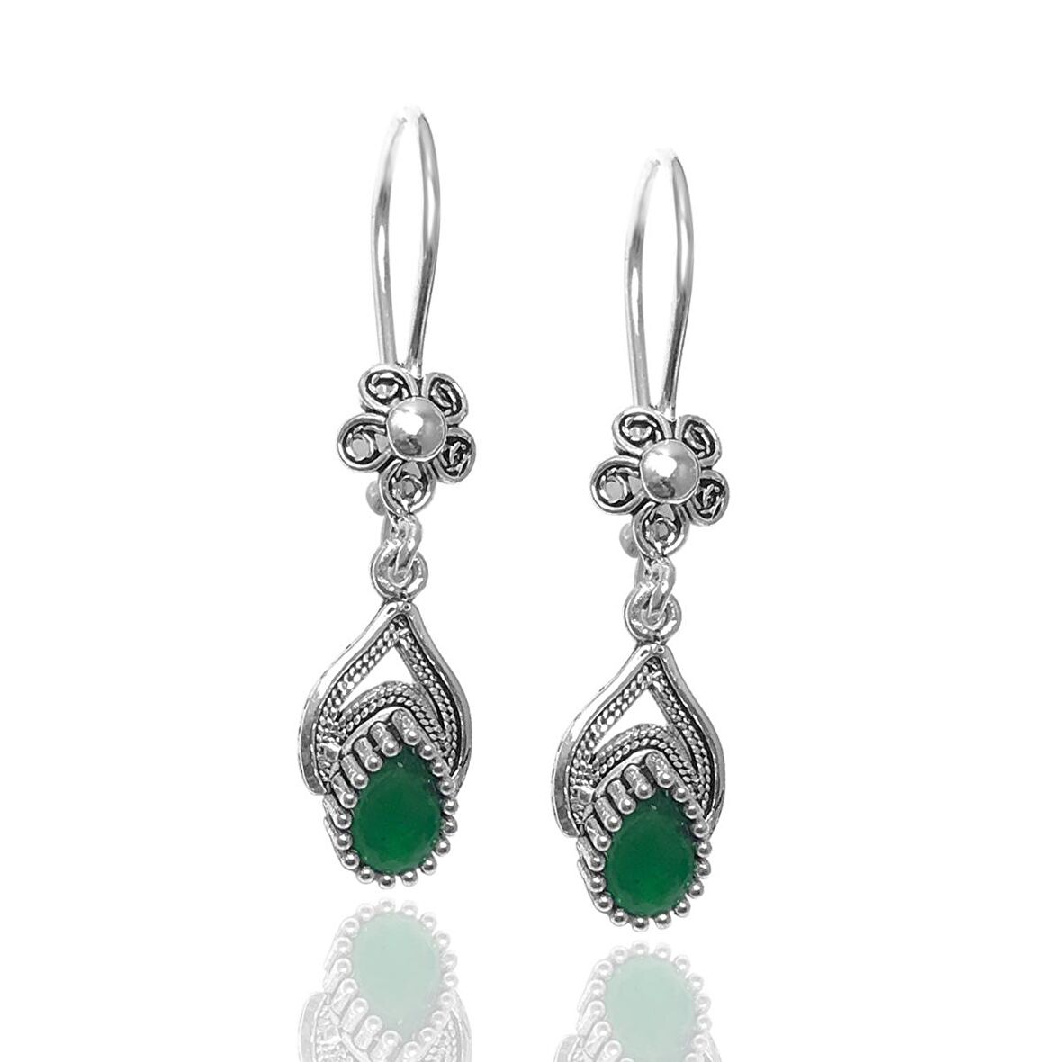 Zümrüt Taşlı Damla Model Kadın Telkari Gümüş Küpe