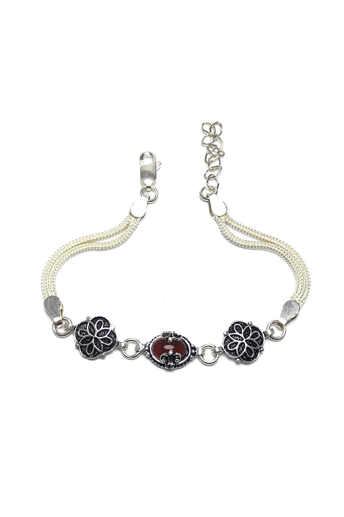 Akik Taşlı Çiçek Mardin Hasırı Gümüş Bileklik