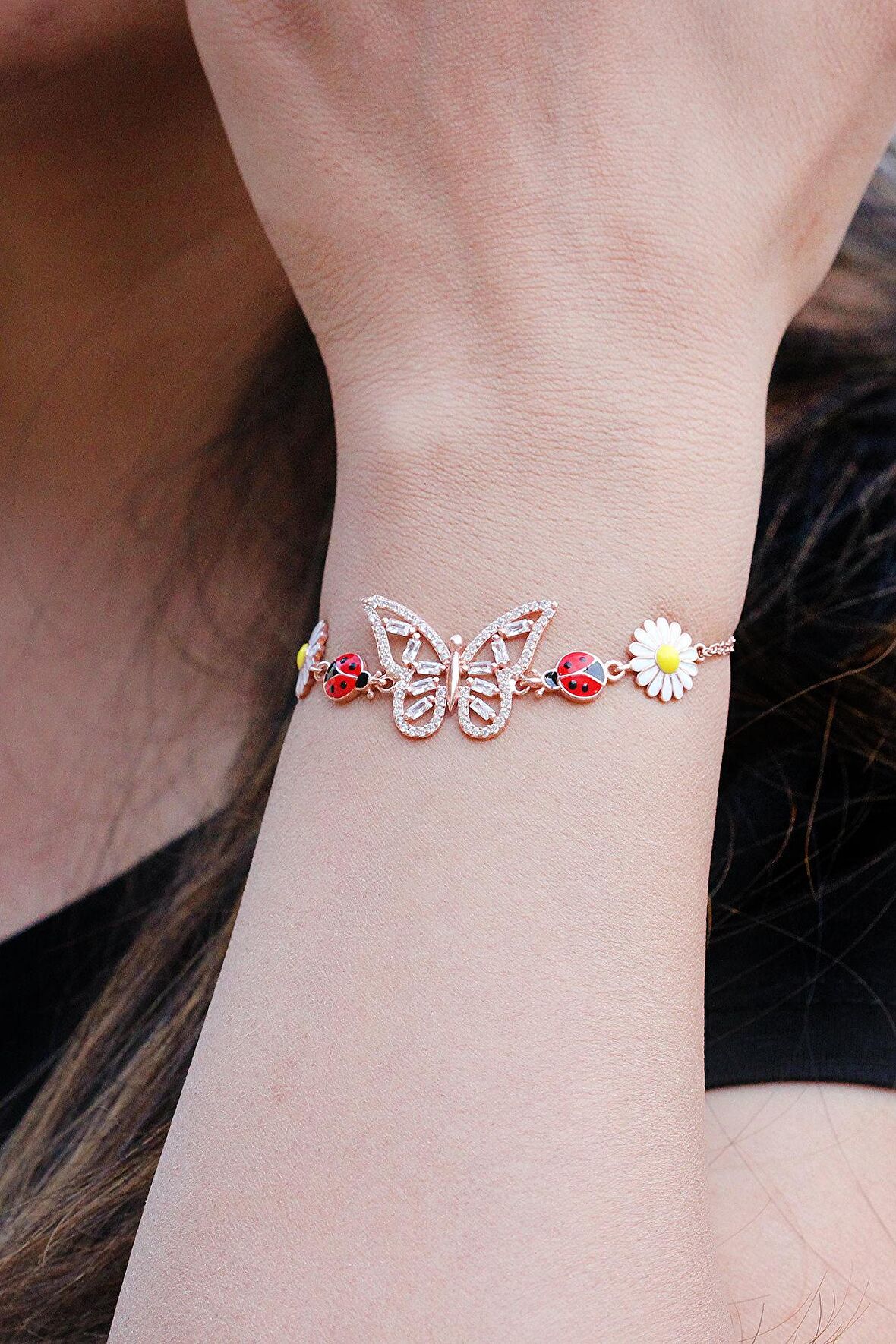 Kelebek Model Rose Kaplama Kadın Gümüş Bileklik
