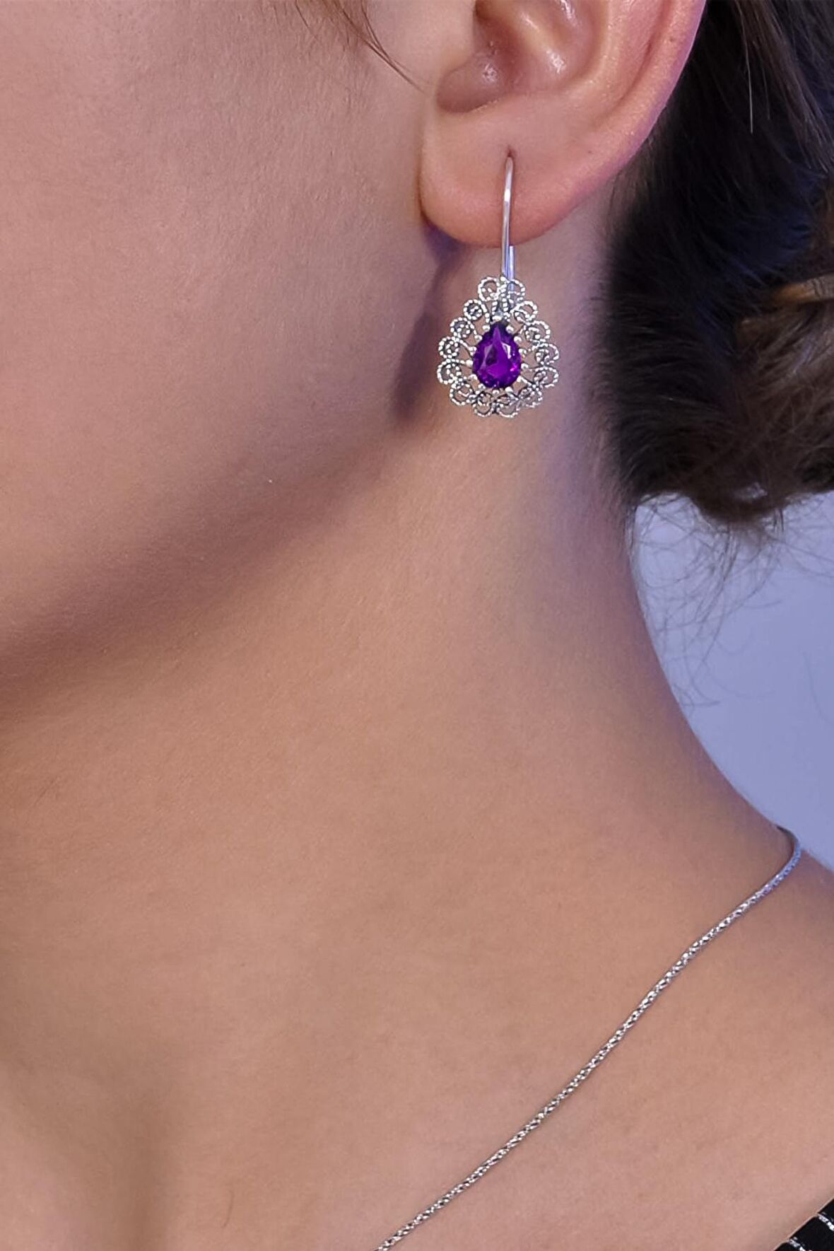 Ametist Taşlı Damla Model Oksitli Telkari Gümüş Kadın Küpe