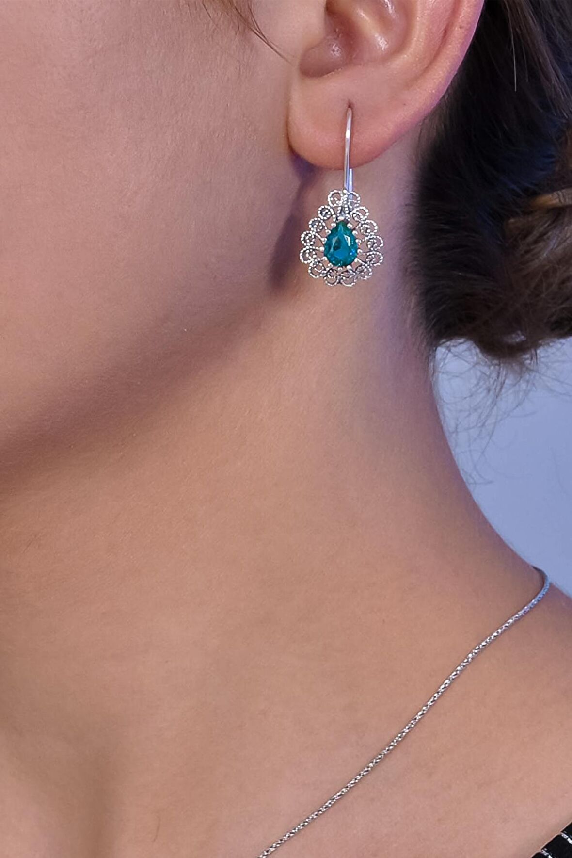 Damla Model Akuamarin Taşlı Telkari Gümüş Küpe