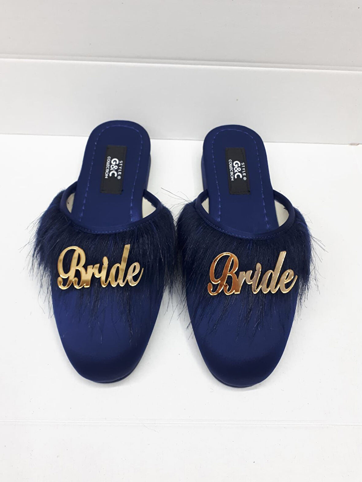 Bride Gelin Topuksuz Kaz Tüyü Terlik Lacivert Gold