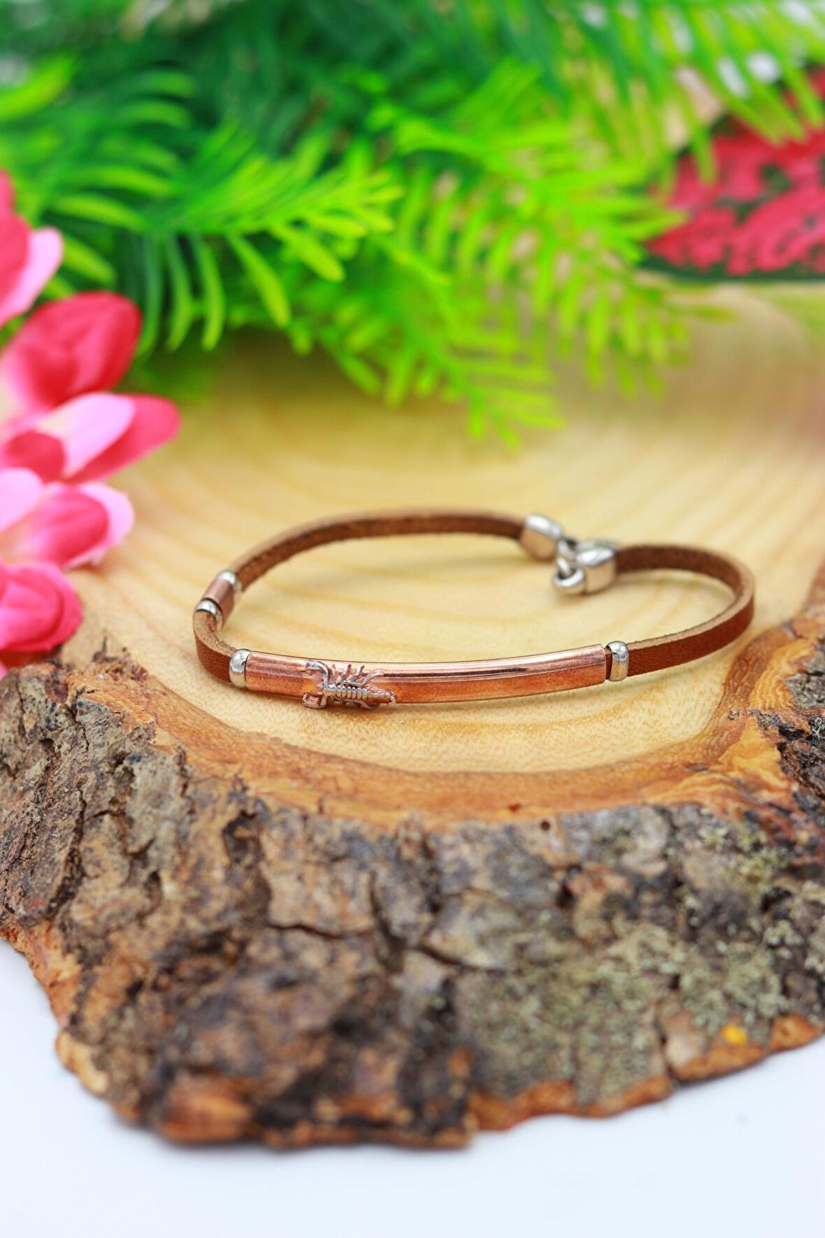 Akrep Model Kahverengi Deri Kordonlu Unisex Gümüş Bileklik 201020455