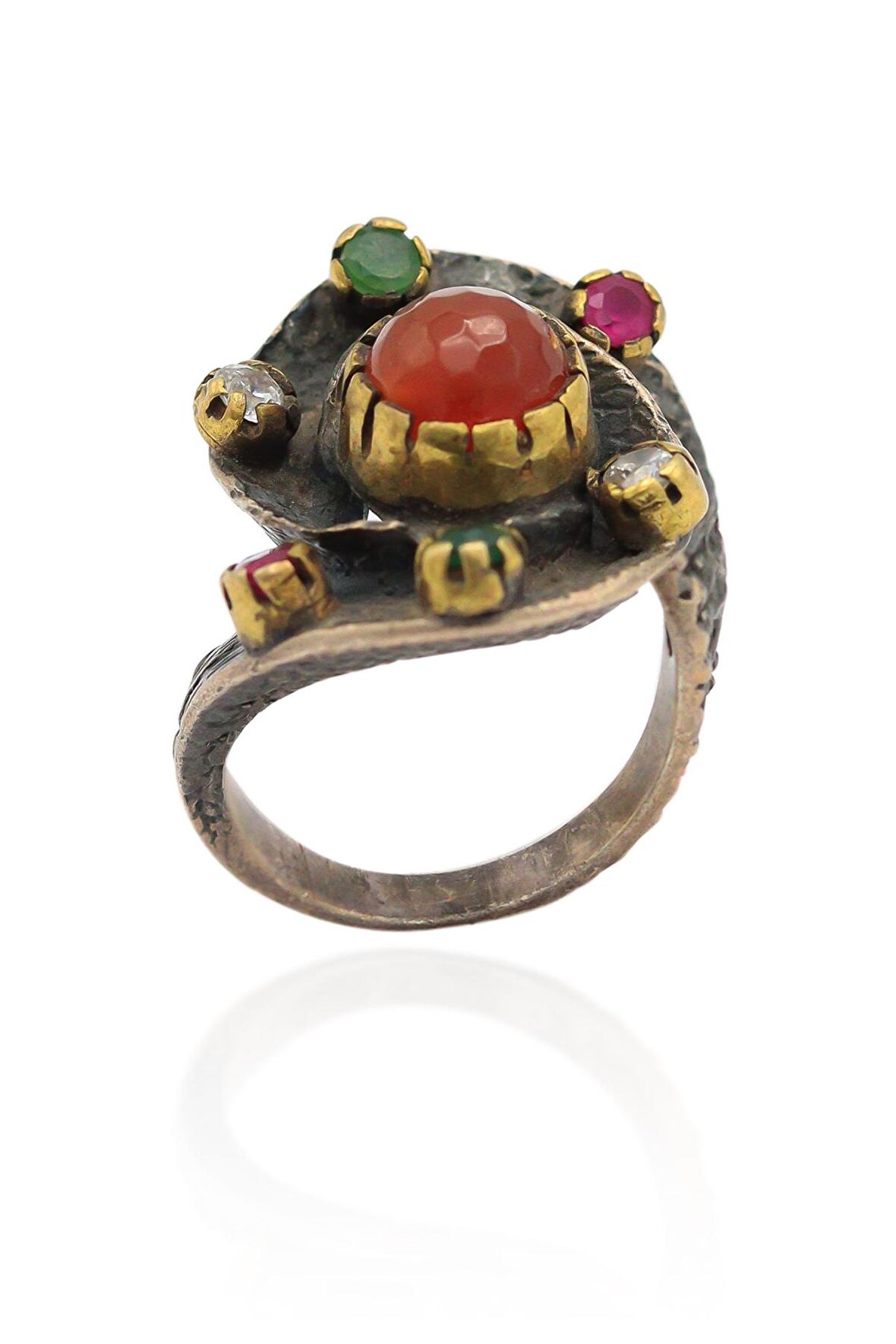 Akik ve Yakut Zümrüt Taşlı Eskitilmiş El işi Gümüş Yüzük 201021074