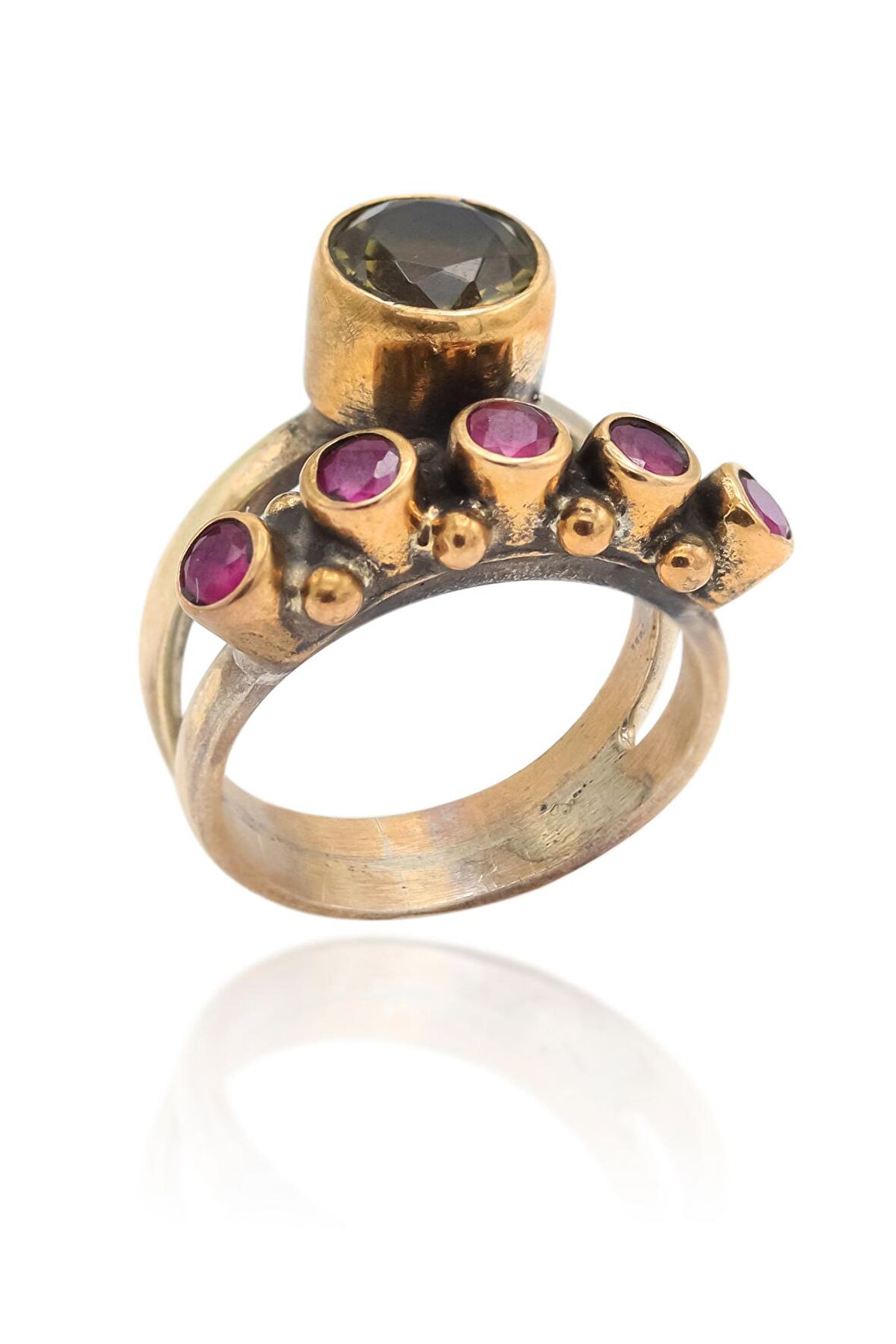 Zultanit ve Yakut Taşlı Eskitilmiş El işi Otantik Gümüş Yüzük 201021097