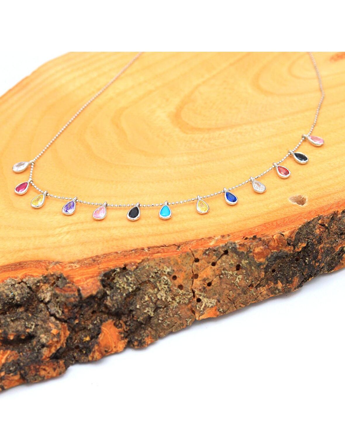 Karışık Sıra Renkli Zirkon Taşlı Gümüş Kolye 201021166