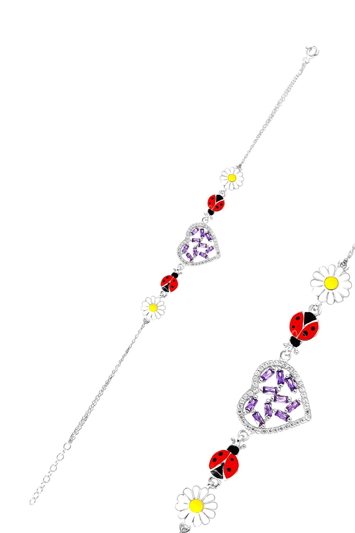 Kalp Zirkon ve Ametist Taşlı Papatya Uğur Böceği Gümüş Bileklik 201021308
