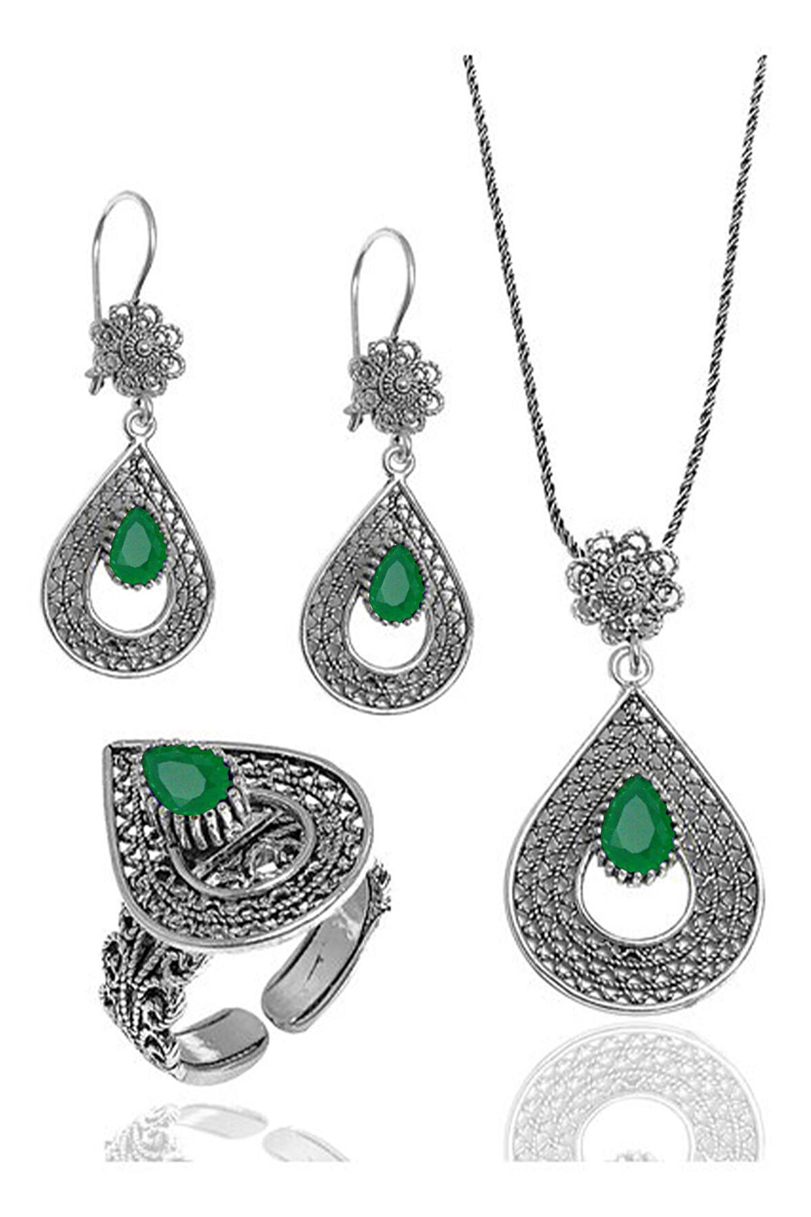 Zümrüt Taşlı Damla Tasarım Telkari Kadın Gümüş Üçlü Set 201021756