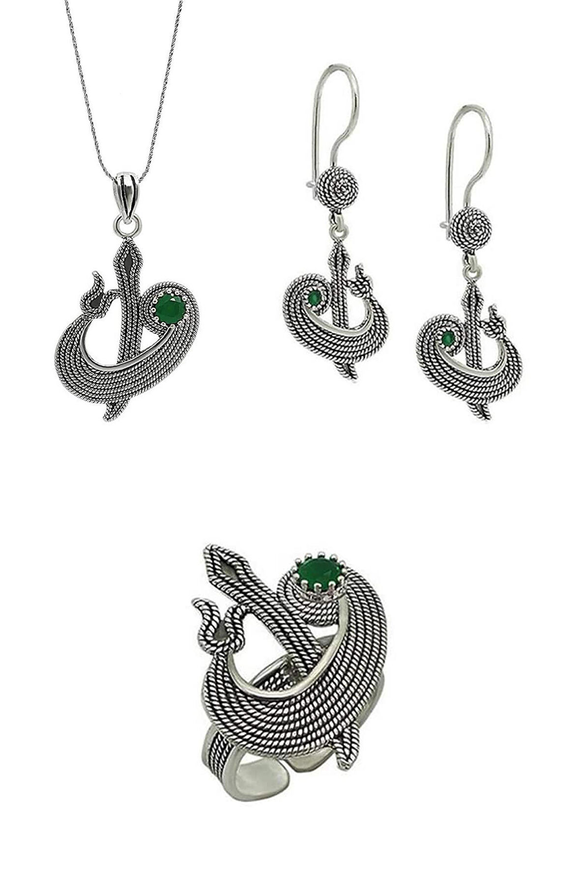 Zümrüt Taşlı Elif Vav Tasarım Telkari Kadın Gümüş Üçlü Set 201021759