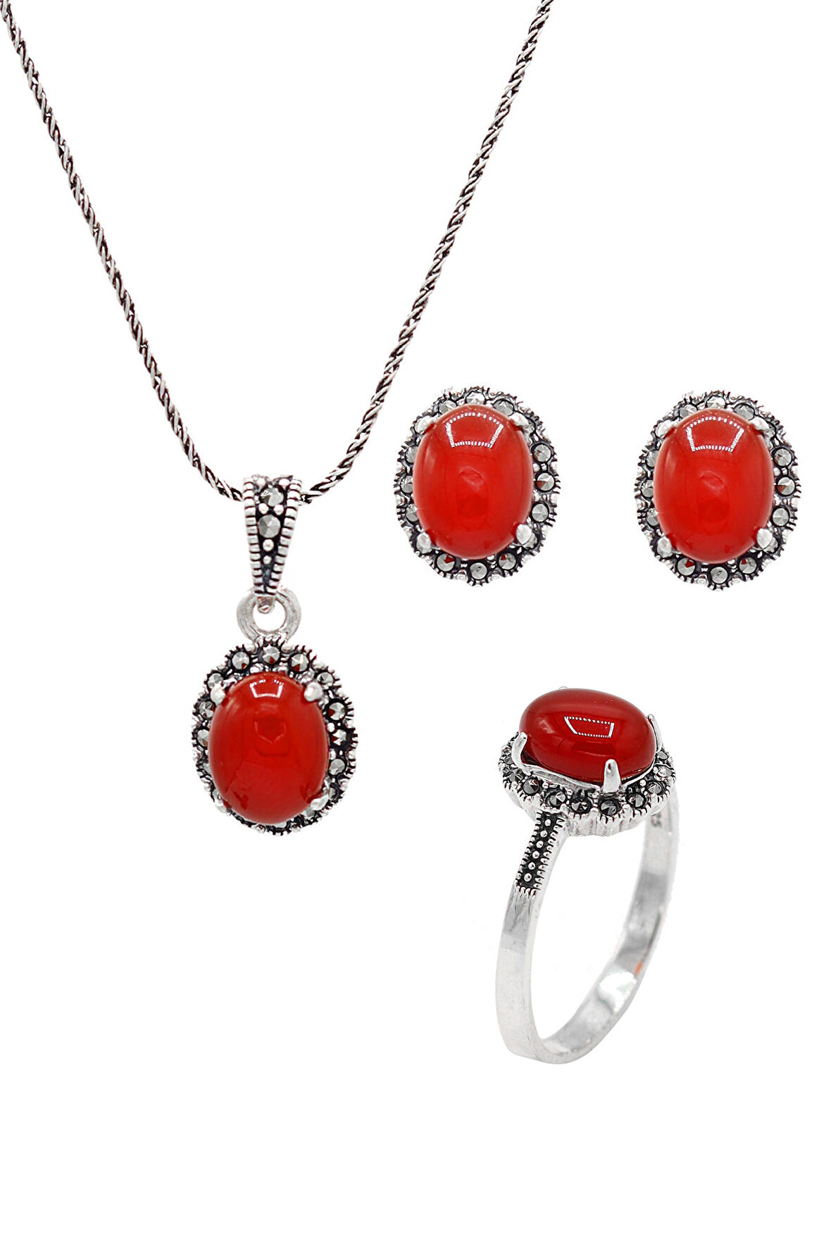 Akik ve Markazit Taşlı 925 Ayar Gümüş Üçlü Set 201021935