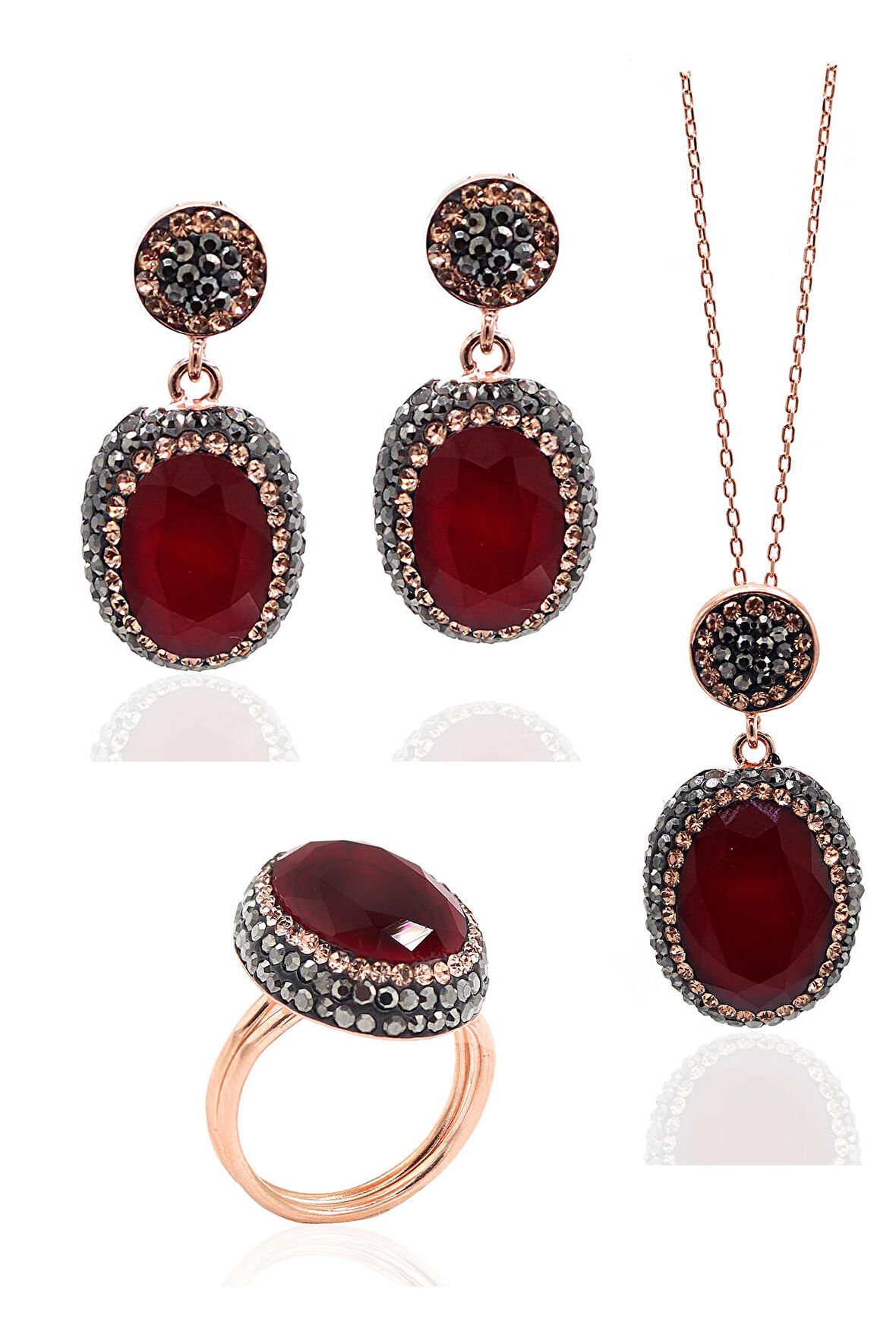 Yakut ve Swarovski Taşlı 925 Ayar Bayan Gümüş Üçlü Set 201022360